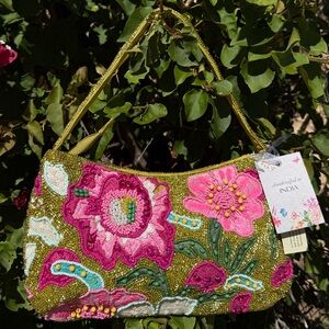 NWT Made in India Floral Flower Abstract Green Pink Beaded Shoulder Bag